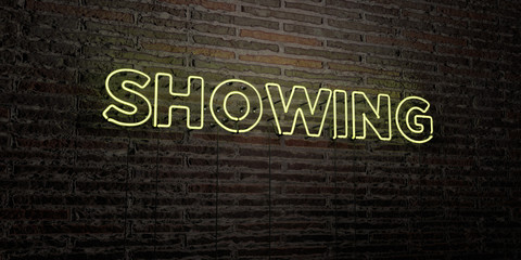 SHOWING -Realistic Neon Sign on Brick Wall background - 3D rendered royalty free stock image. Can be used for online banner ads and direct mailers..