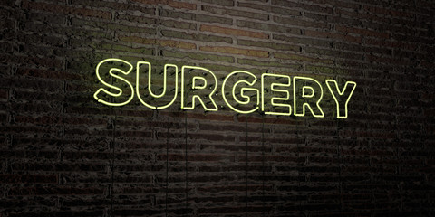 SURGERY -Realistic Neon Sign on Brick Wall background - 3D rendered royalty free stock image. Can be used for online banner ads and direct mailers..