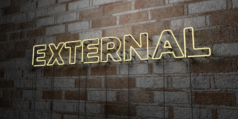EXTERNAL - Glowing Neon Sign on stonework wall - 3D rendered royalty free stock illustration.  Can be used for online banner ads and direct mailers..