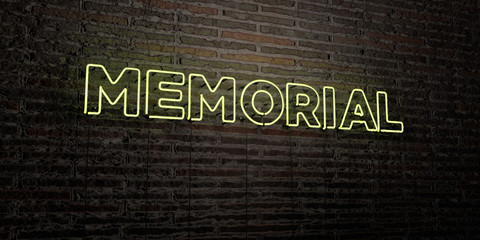 MEMORIAL -Realistic Neon Sign on Brick Wall background - 3D rendered royalty free stock image. Can be used for online banner ads and direct mailers..