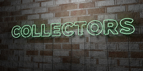 COLLECTORS - Glowing Neon Sign on stonework wall - 3D rendered royalty free stock illustration.  Can be used for online banner ads and direct mailers..
