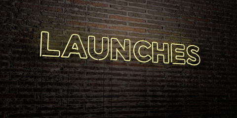 LAUNCHES -Realistic Neon Sign on Brick Wall background - 3D rendered royalty free stock image. Can be used for online banner ads and direct mailers..