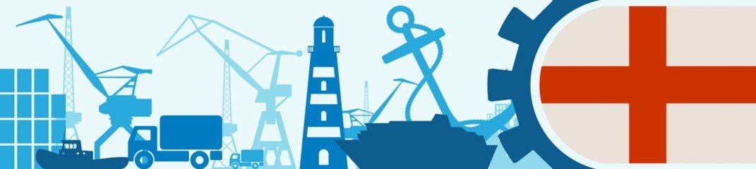 Cargo port relative icons set. Genoa flag in gear. Vector illustration for web banner or header