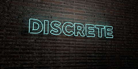 DISCRETE -Realistic Neon Sign on Brick Wall background - 3D rendered royalty free stock image. Can be used for online banner ads and direct mailers..