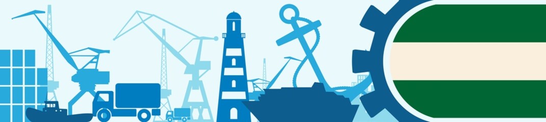 Cargo port relative icons set. Rotterdam flag in gear. Vector illustration for web banner or header