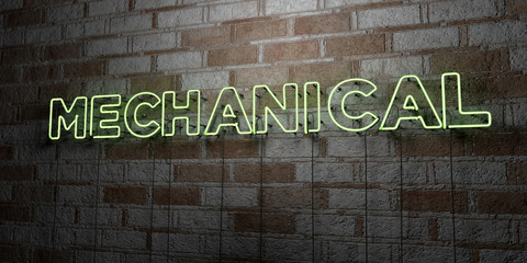 MECHANICAL - Glowing Neon Sign on stonework wall - 3D rendered royalty free stock illustration.  Can be used for online banner ads and direct mailers..