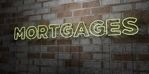 MORTGAGES - Glowing Neon Sign on stonework wall - 3D rendered royalty free stock illustration.  Can be used for online banner ads and direct mailers..