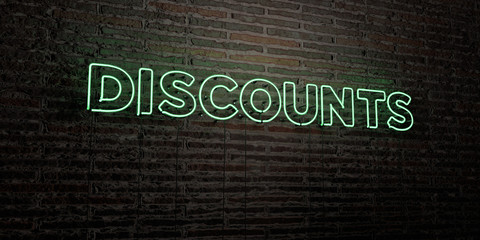 DISCOUNTS -Realistic Neon Sign on Brick Wall background - 3D rendered royalty free stock image. Can be used for online banner ads and direct mailers..