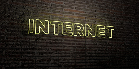 INTERNET -Realistic Neon Sign on Brick Wall background - 3D rendered royalty free stock image. Can be used for online banner ads and direct mailers..