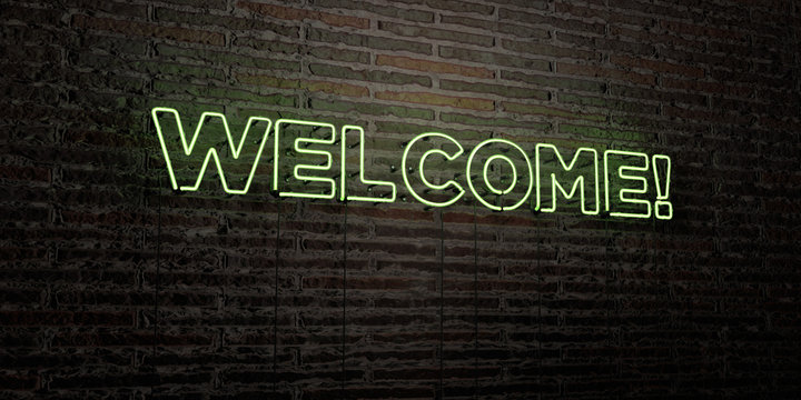 WELCOME! -Realistic Neon Sign on Brick Wall background - 3D rendered royalty free stock image. Can be used for online banner ads and direct mailers..