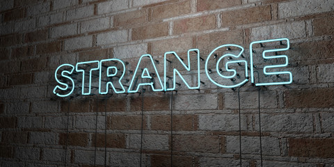 Fototapeta na wymiar STRANGE - Glowing Neon Sign on stonework wall - 3D rendered royalty free stock illustration. Can be used for online banner ads and direct mailers..