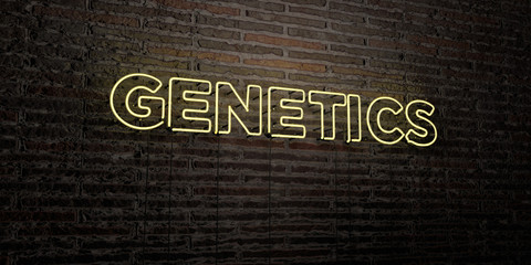 GENETICS -Realistic Neon Sign on Brick Wall background - 3D rendered royalty free stock image. Can be used for online banner ads and direct mailers..