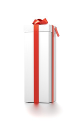 White gift box with red ribbon bow tie from front far side angle. Tall, vertical, long, rectangle and large size.