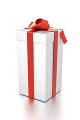 White gift box with red ribbon bow tie from top side angle. Tall, vertical, square and medium size.