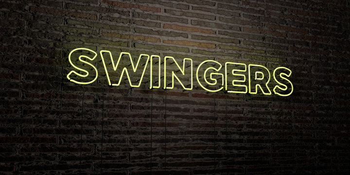 SWINGERS -Realistic Neon Sign on Brick Wall background - 3D rendered royalty free stock image. Can be used for online banner ads and direct mailers..