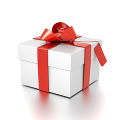 White gift box with red ribbon bow tie from top side angle. Horizontal, square and medium size.