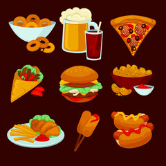 Set of fast food meals. Collection  cartoon snack icons