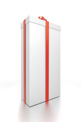 White gift box with red ribbon bow tie from side closeup angle. Tall, vertical, long, rectangle and large size.