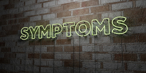 SYMPTOMS - Glowing Neon Sign on stonework wall - 3D rendered royalty free stock illustration.  Can be used for online banner ads and direct mailers..