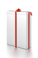 White gift box with red ribbon bow tie from far side angle. Tall, vertical, long, rectangle and large size.