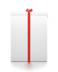 White gift box with red ribbon bow tie from front angle. Tall, vertical, long, rectangle and large size.