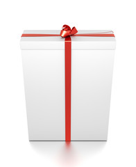 White gift box with red ribbon bow tie from top front closeup angle. Tall, vertical, long, rectangle and large size.