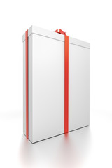 White gift box with red ribbon bow tie from side closeup angle. Tall, vertical, long, rectangle and large size.