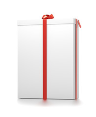 White gift box with red ribbon bow tie from front far side angle. Tall, vertical, long, rectangle and large size.