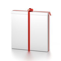 White gift box with red ribbon bow tie from top front far side angle. Tall, wide, vertical, long, rectangle and large size.