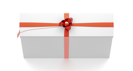 White gift box with red ribbon bow tie from top angle. Tall, wide, vertical, long, rectangle and large size.