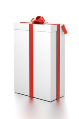 White gift box with red ribbon bow tie from far side angle. Tall, vertical, long, rectangle and large size.