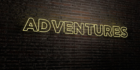 ADVENTURES -Realistic Neon Sign on Brick Wall background - 3D rendered royalty free stock image. Can be used for online banner ads and direct mailers..