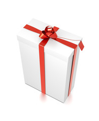 White gift box with red ribbon bow tie from top side closeup angle. Tall, vertical, long, rectangle and large size.