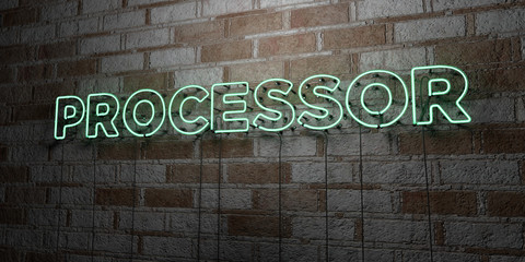 PROCESSOR - Glowing Neon Sign on stonework wall - 3D rendered royalty free stock illustration.  Can be used for online banner ads and direct mailers..