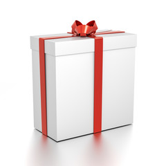 White gift box with red ribbon bow tie from side angle. Tall, wide, vertical, rectangle and medium size.