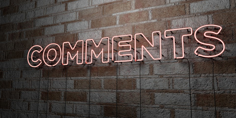 COMMENTS - Glowing Neon Sign on stonework wall - 3D rendered royalty free stock illustration.  Can be used for online banner ads and direct mailers..