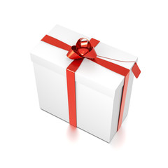 White gift box with red ribbon bow tie from top side closeup angle. Tall, wide, vertical, rectangle and medium size.