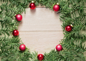 Fototapeta na wymiar Christmas frame with beautiful christmas red balls and christmas tree
