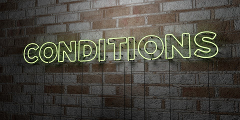 CONDITIONS - Glowing Neon Sign on stonework wall - 3D rendered royalty free stock illustration.  Can be used for online banner ads and direct mailers..