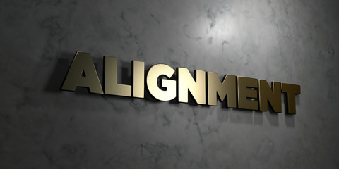 Alignment - Gold text on black background - 3D rendered royalty free stock picture. This image can be used for an online website banner ad or a print postcard.