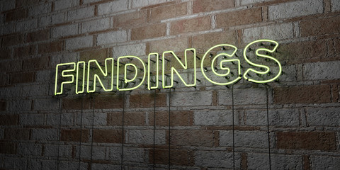 FINDINGS - Glowing Neon Sign on stonework wall - 3D rendered royalty free stock illustration.  Can be used for online banner ads and direct mailers..
