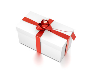 White gift box with red ribbon bow tie from top side closeup angle. Wide, horizontal, rectangle and medium size.