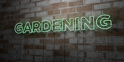 GARDENING - Glowing Neon Sign on stonework wall - 3D rendered royalty free stock illustration.  Can be used for online banner ads and direct mailers..