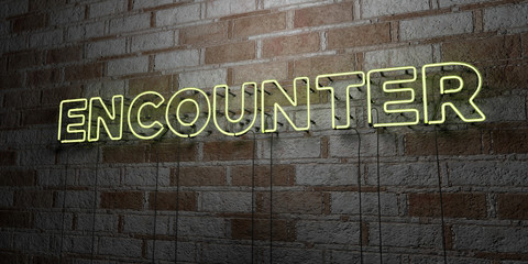 ENCOUNTER - Glowing Neon Sign on stonework wall - 3D rendered royalty free stock illustration.  Can be used for online banner ads and direct mailers..