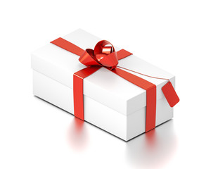 White gift box with red ribbon bow tie from isometric angle. Wide, horizontal, rectangle and medium size.