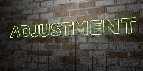 ADJUSTMENT - Glowing Neon Sign on stonework wall - 3D rendered royalty free stock illustration.  Can be used for online banner ads and direct mailers..