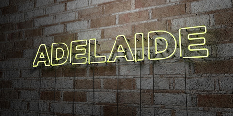 Fototapeta na wymiar ADELAIDE - Glowing Neon Sign on stonework wall - 3D rendered royalty free stock illustration. Can be used for online banner ads and direct mailers..