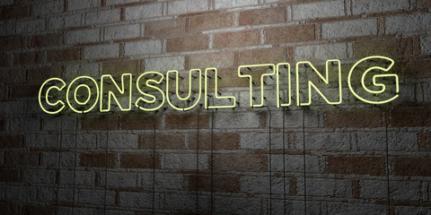 CONSULTING - Glowing Neon Sign on stonework wall - 3D rendered royalty free stock illustration.  Can be used for online banner ads and direct mailers..