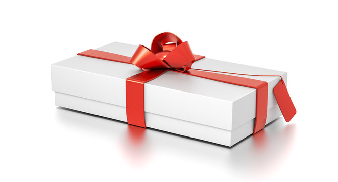 White gift box with red ribbon bow tie from top side angle. Wide, horizontal, rectangle and medium size.