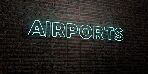 AIRPORTS -Realistic Neon Sign on Brick Wall background - 3D rendered royalty free stock image. Can be used for online banner ads and direct mailers..